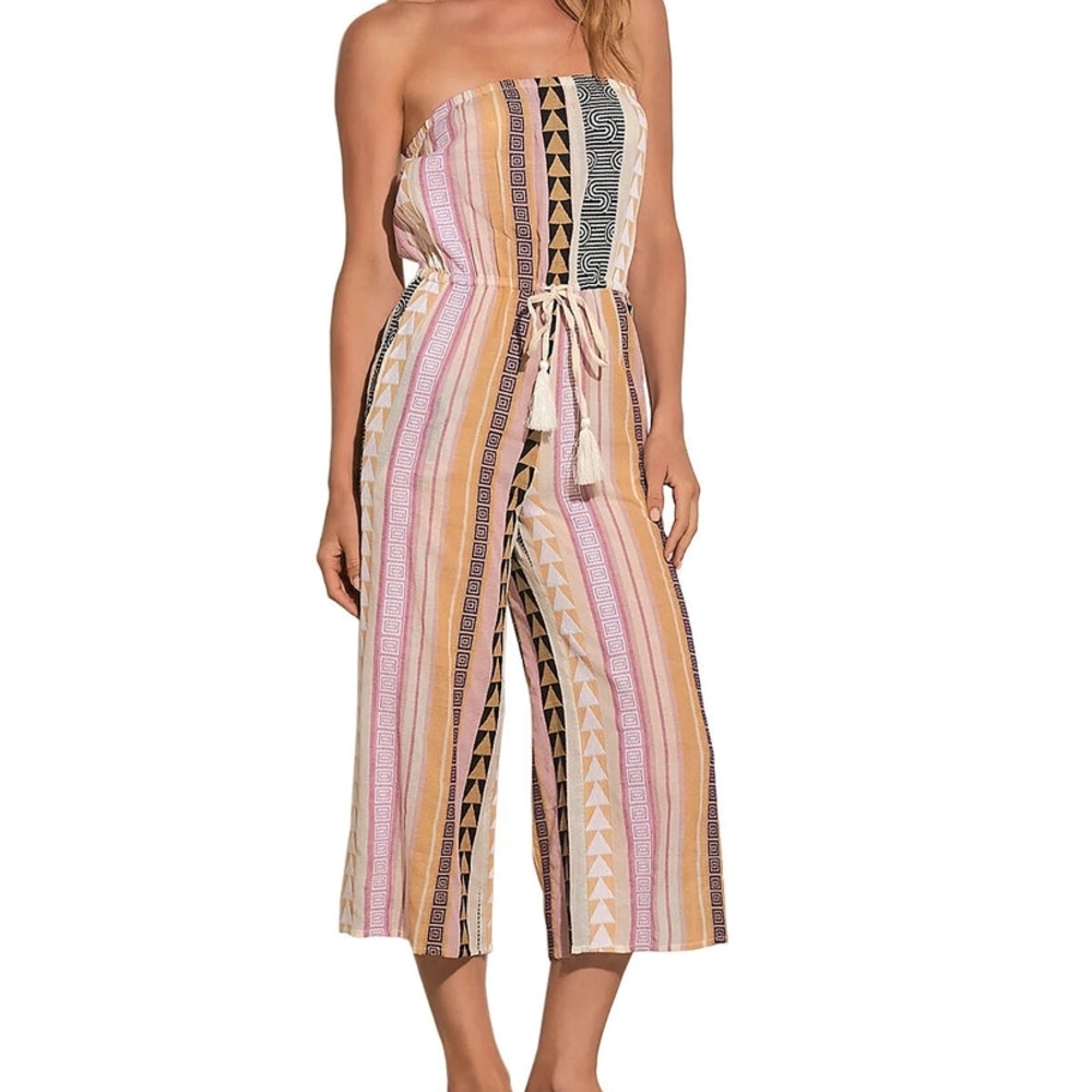 Elan Strapless Jumpsuit Women’s Wide-Leg Tie-Waist Boho Style - Picture 2 of 6